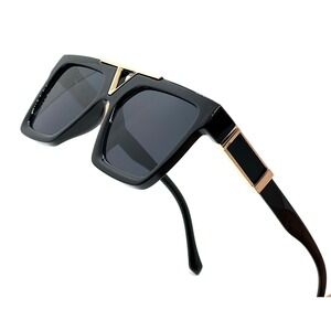 Square‎ Sunglasses Men's Black Gold Accents Fashion UV400 Protection Street Wear